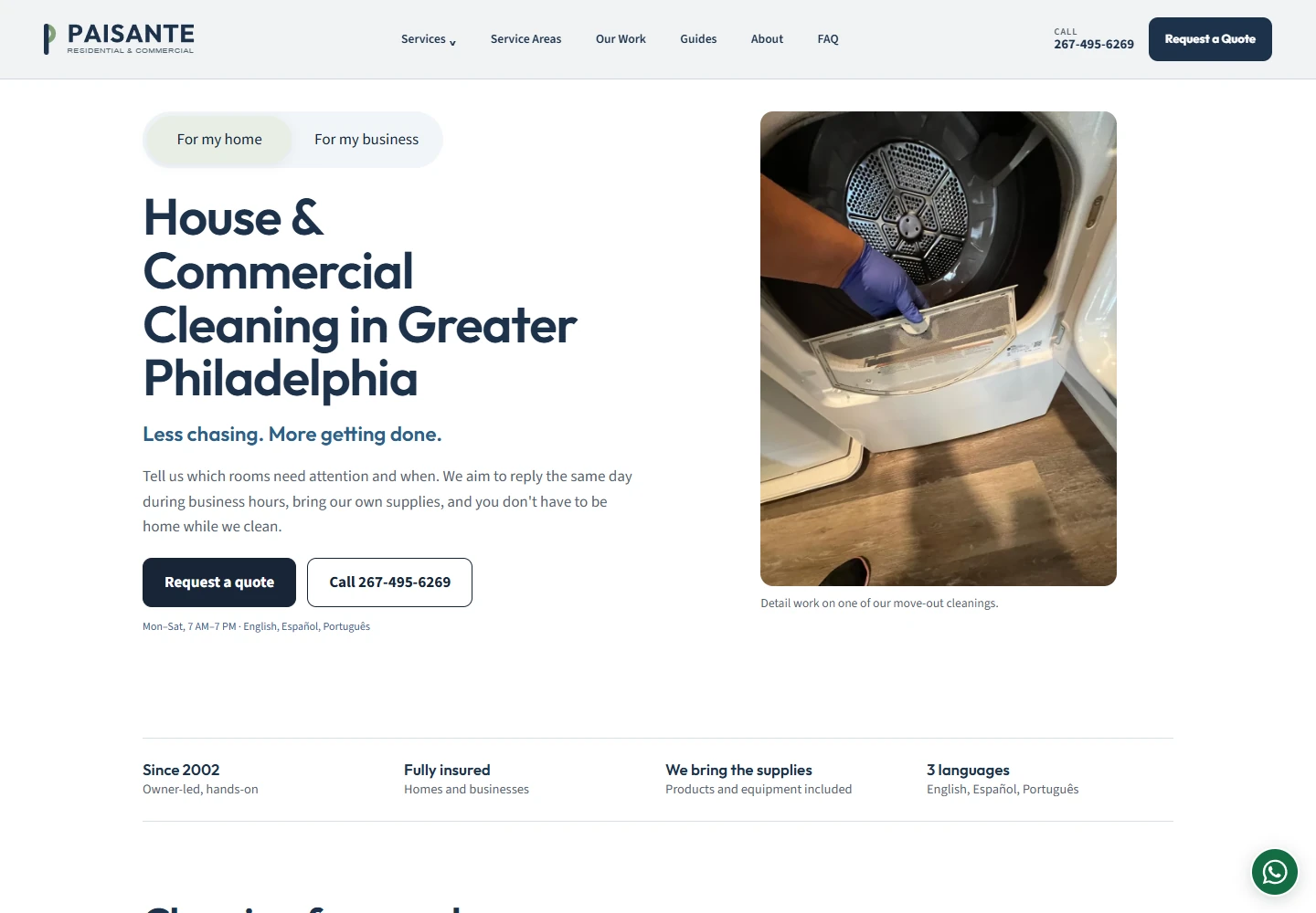 Paisante cleaning services homepage on desktop, captured October 7, 2026