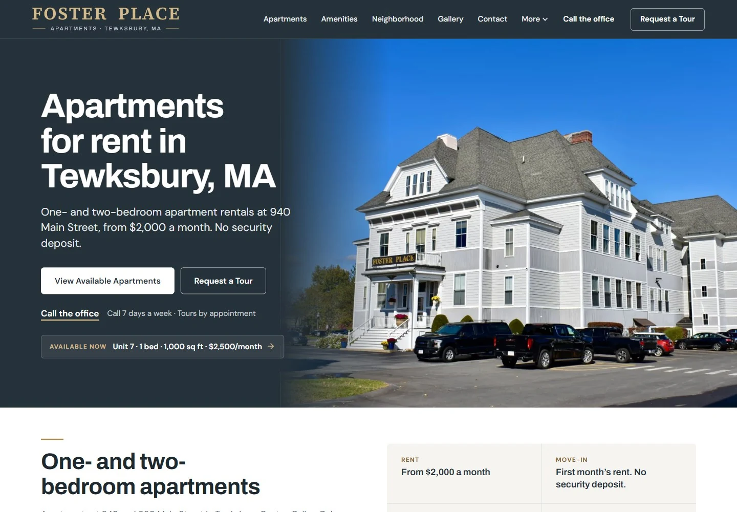 Foster Place homepage presentation with contact details omitted