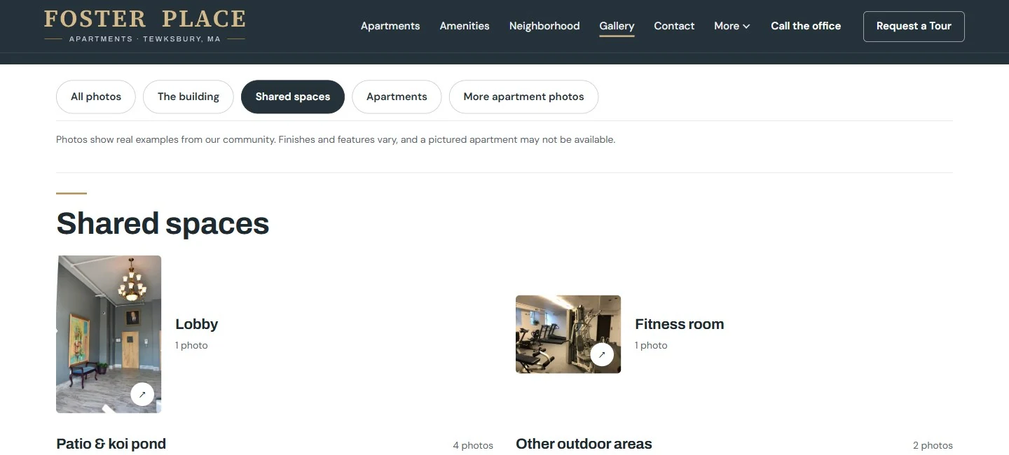 Gallery filtered to shared spaces, with named lobby and fitness room photos