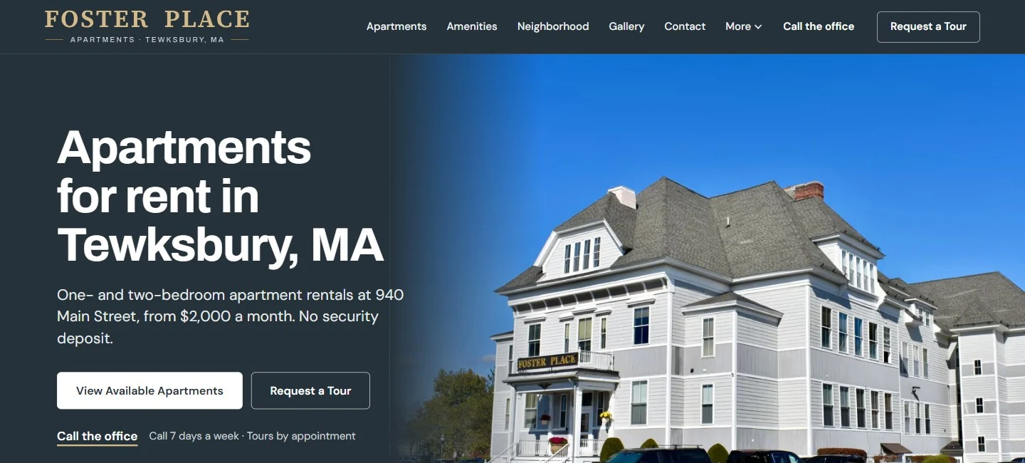 Redesigned Foster Place homepage with generic contact labels