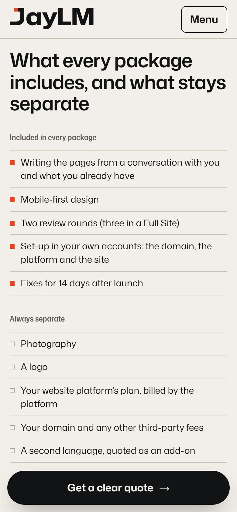 JayLM Studio’s Pricing page on a phone: what every package includes, from writing the pages to fixes for 14 days after launch, and what stays separate, from photography to a second language