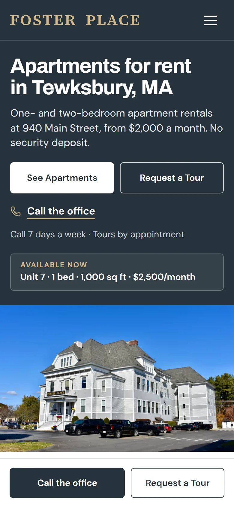Página inicial de Foster Place Apartments em um celular