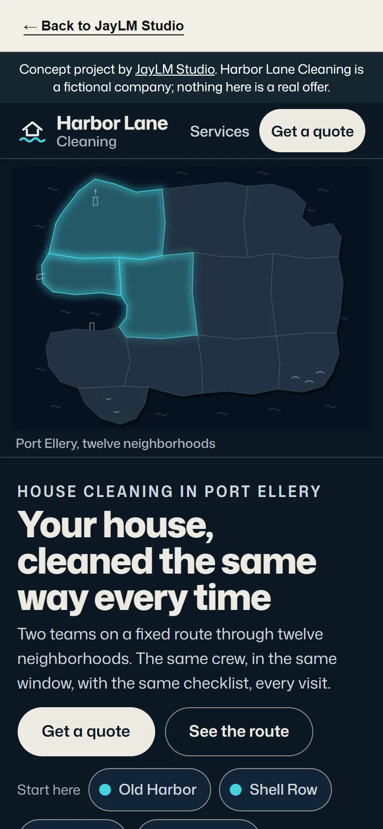 Página inicial de Harbor Lane Cleaning em um celular