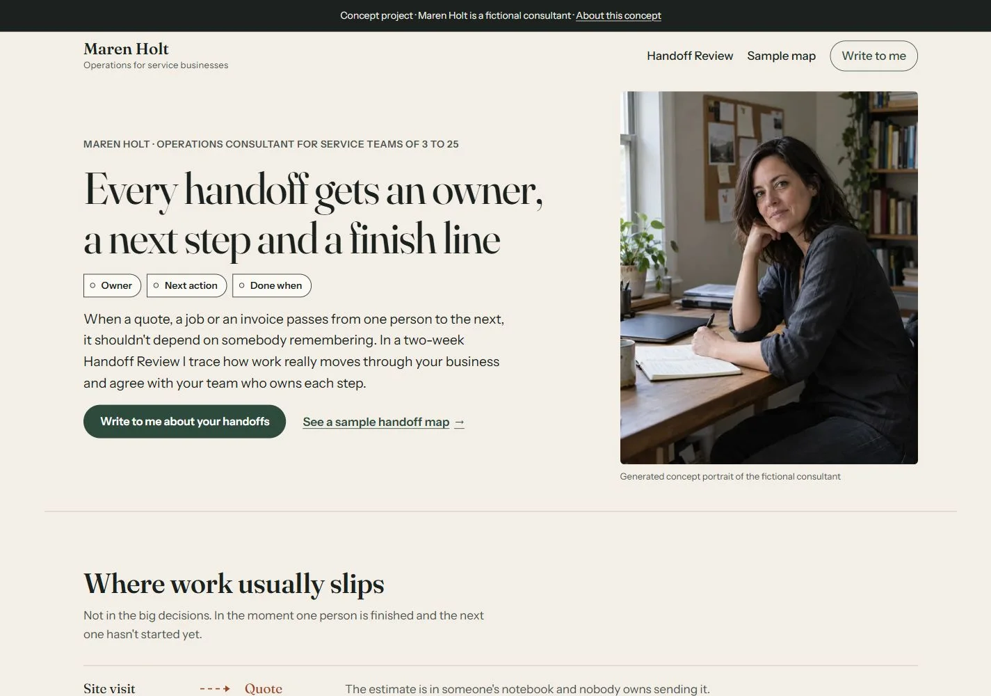 Maren Holt consultant website preview with a portrait and a handoff review introduction