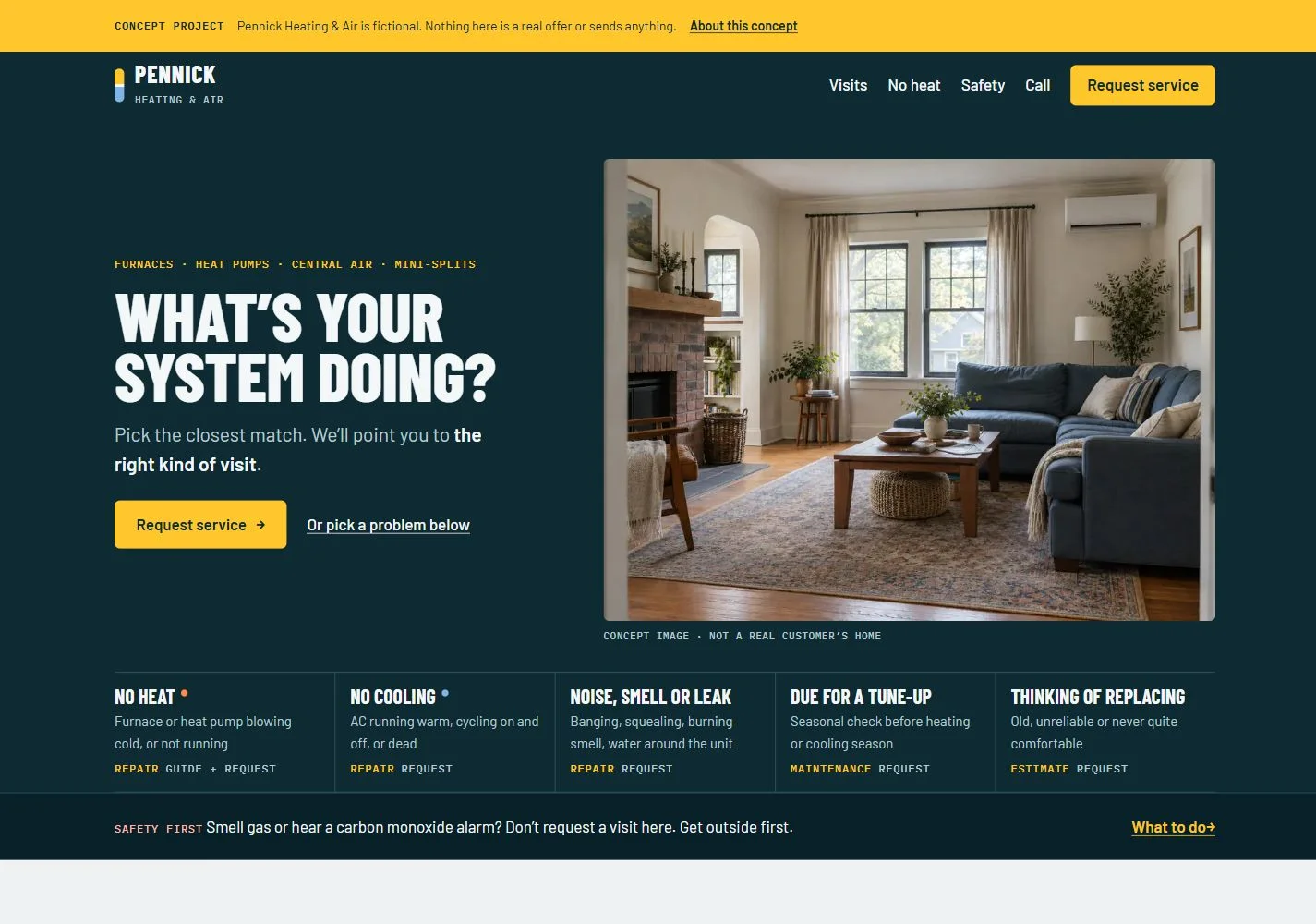 Pennick website preview with service choices and a room photograph
