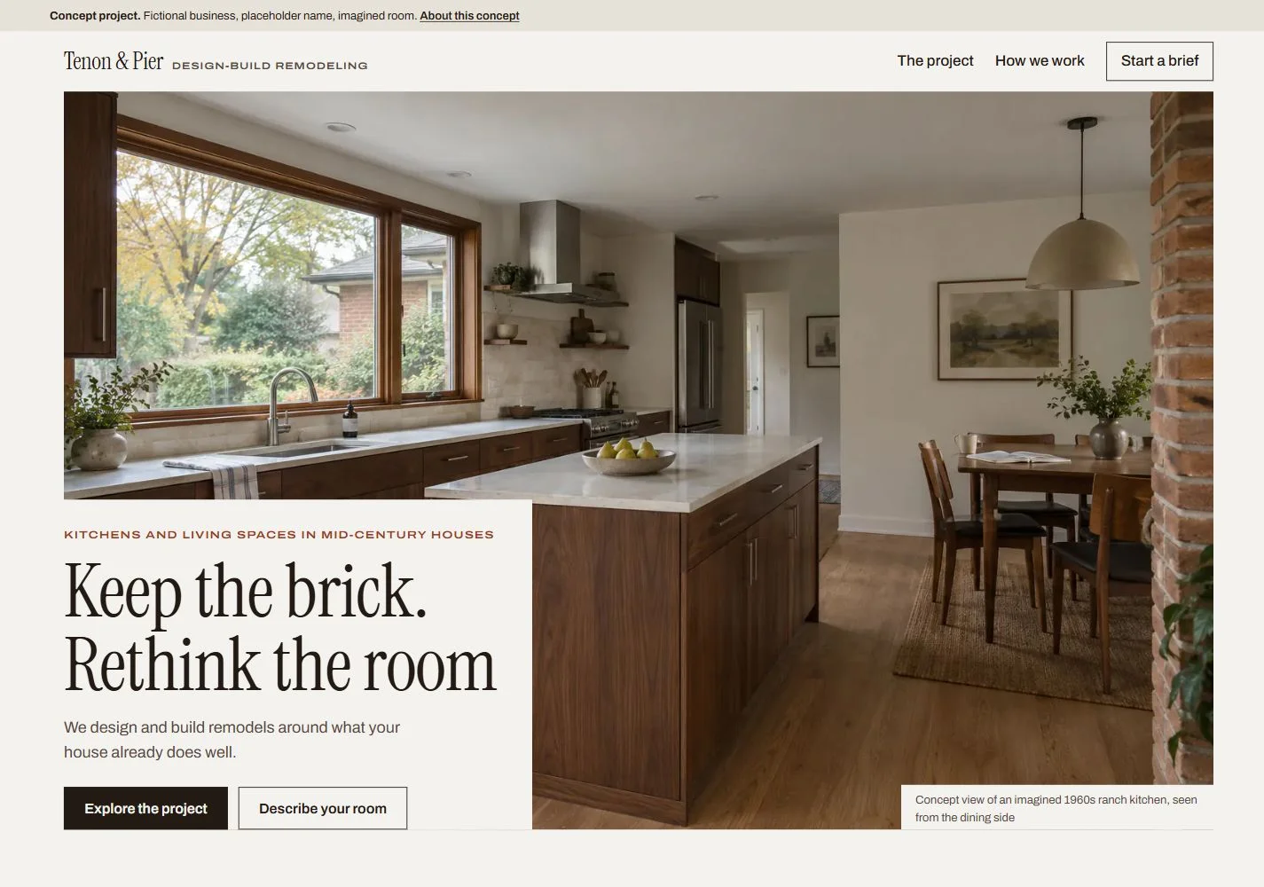 Tenon and Pier remodeling website preview with a walnut kitchen and exposed brick pier