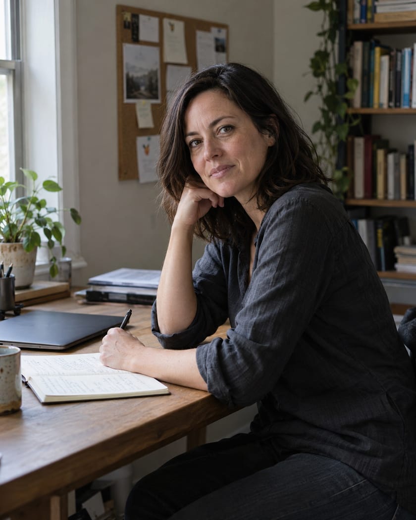 A woman with shoulder-length dark hair sits at a wooden desk in a small home office, pen resting on an open notebook, looking calmly toward the camera.