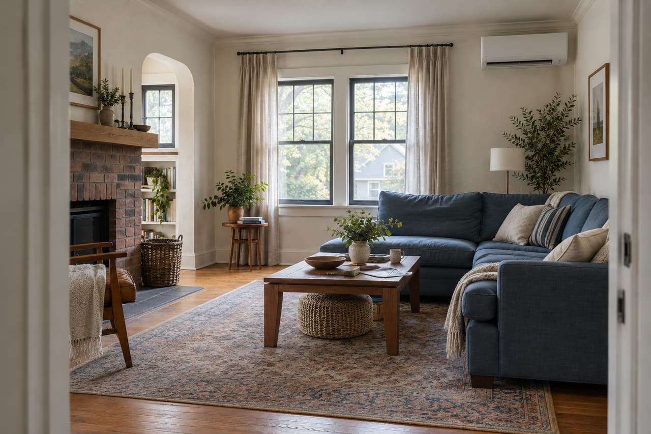 A lived-in living room with a blue sofa, a brick fireplace and a white ductless mini-split mounted high on the wall