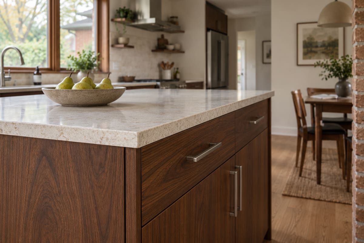 Close view of the island corner: walnut drawer fronts with a brushed nickel handle beneath a pale speckled stone top, with the dining table and brick pier softly out of focus.