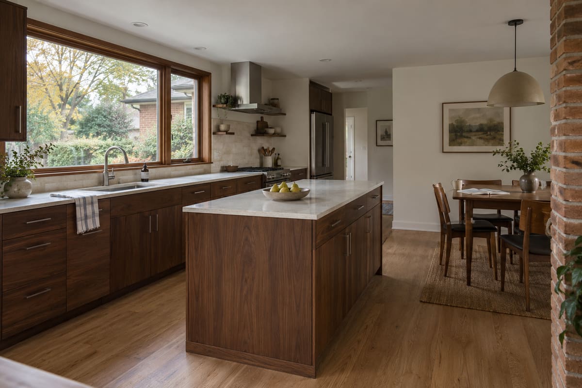 A remodeled kitchen with long walnut base cabinets under a wide window, a walnut island with a pale stone top, and a small dining table beside an exposed brick pier.